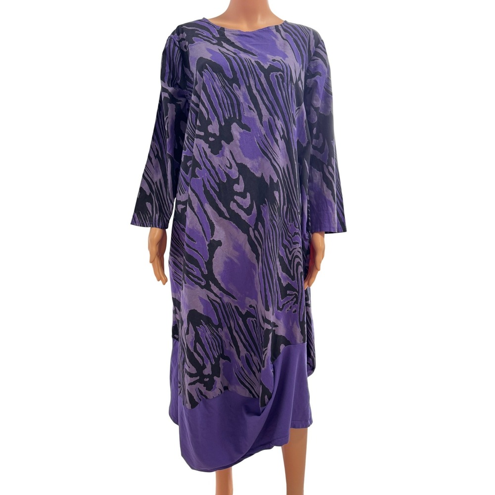 Purple Black Abstract Print Asymmetrical Bubble Hem Midi Dress Long Sleeve L